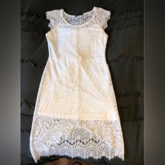 Solid FloralPrint Lace Trimed Bodycon Overlay Mini Dress White - Picture 3 of 12